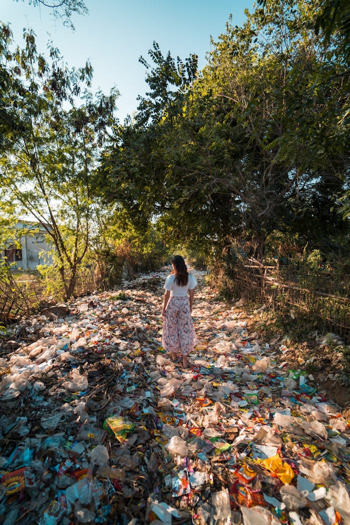 A woman walks through a forested area littered with plastic waste in Myanmar.